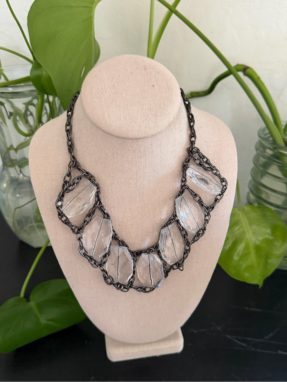 Vintage Chunky Clear Crystal & Gunmetal Link Statement Necklace